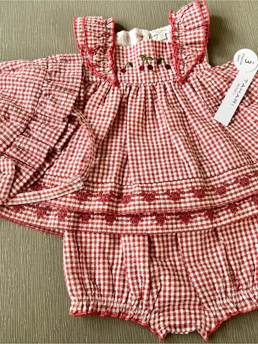Tahari Kids Red White Gingham Three Piece Set With Cherry Embroidery Size 18M